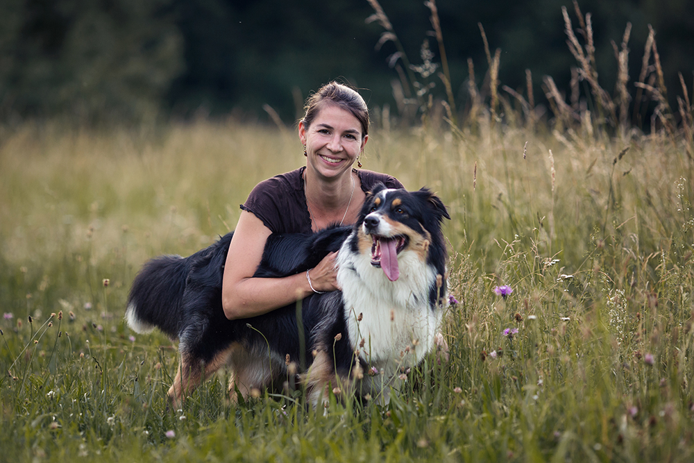 Australian Shepherd steht lächelnd in der Wiese und lässt sich von Susanne Eggers streicheln